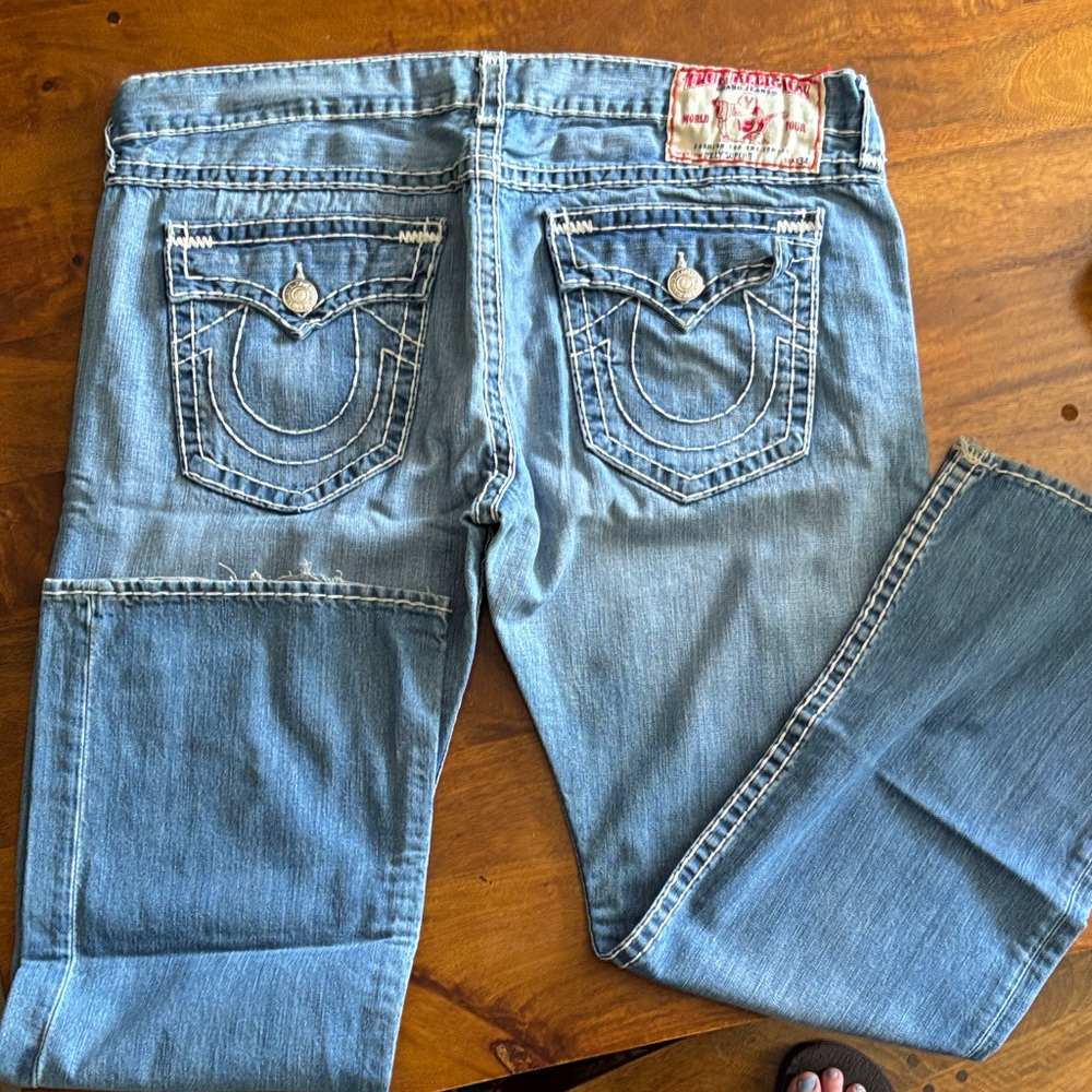 True Religion Light Blue World Tour BILLY SUPER T Denim Jeans with Patchwork